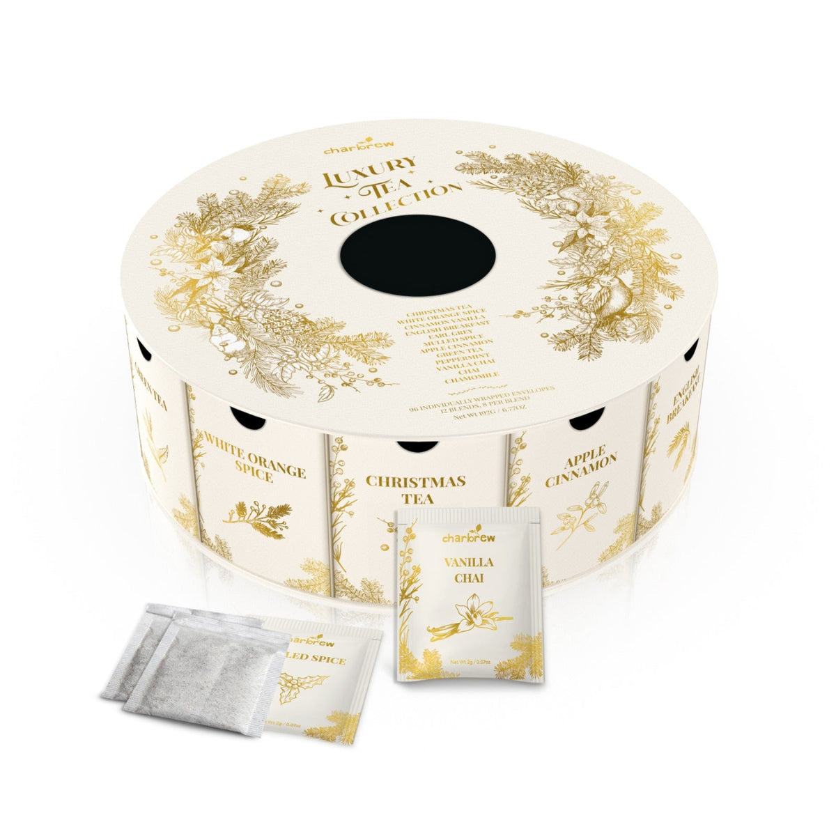 Front view of Charbrew Luxury Tea Christmas Collection with 96 teabags across 12 assorted tea blends