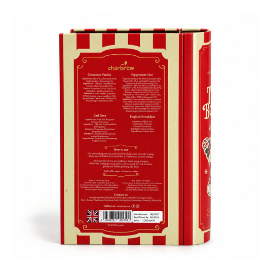 Back of Charbrew Nostalgic Christmas Tea Book Tin showing ingredients, brewing instructions and product details