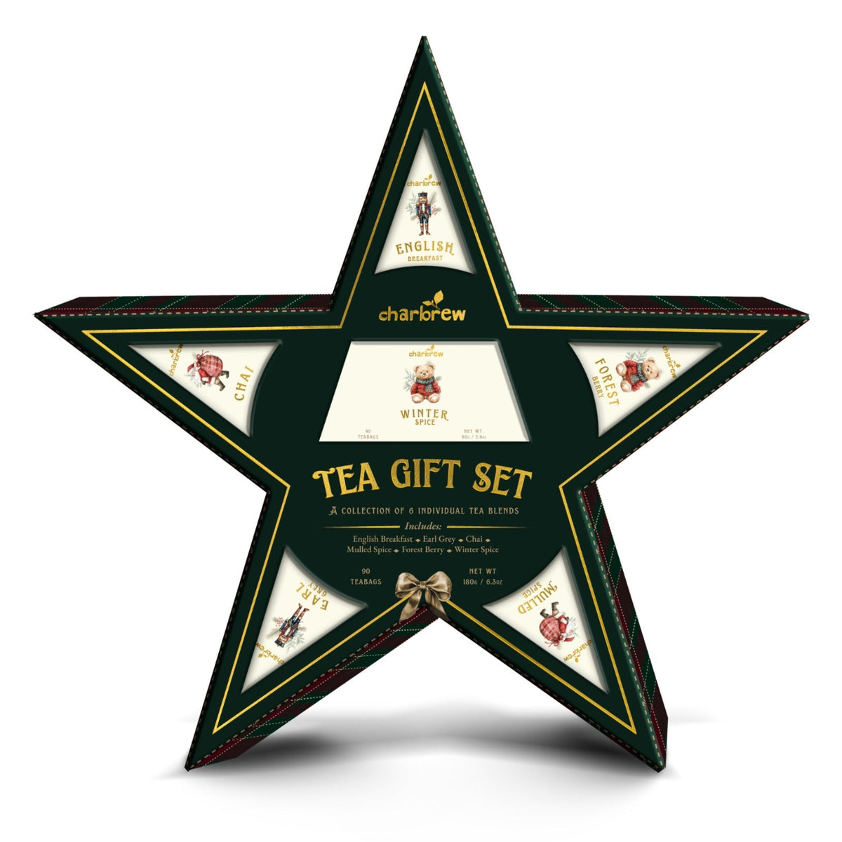 Front view of Charbrew Traditional Christmas Star Tea Gift Set with 90 teabags across 6 festive blends