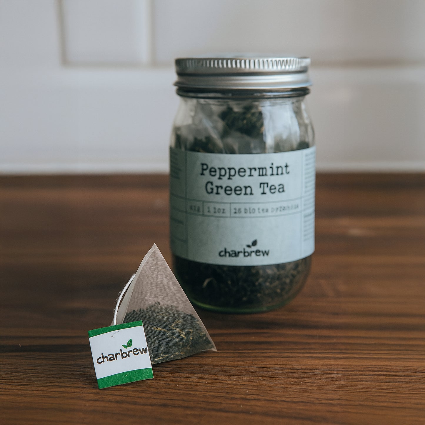 Peppermint Green Tea Bags Mason Jar - 16 Biodegradable Pyramid Bags