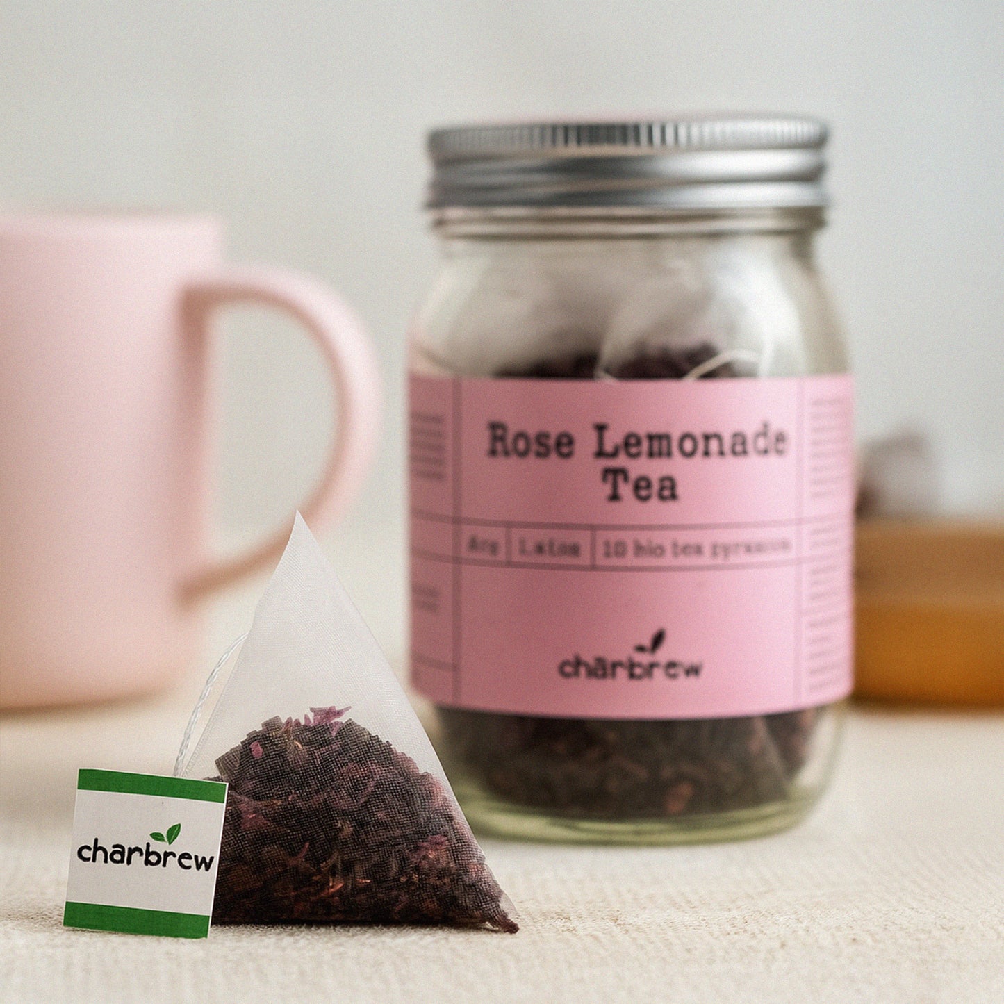 Rose Lemonade Tea Bags Mason Jar - 16 Biodegradable Pyramid Bags