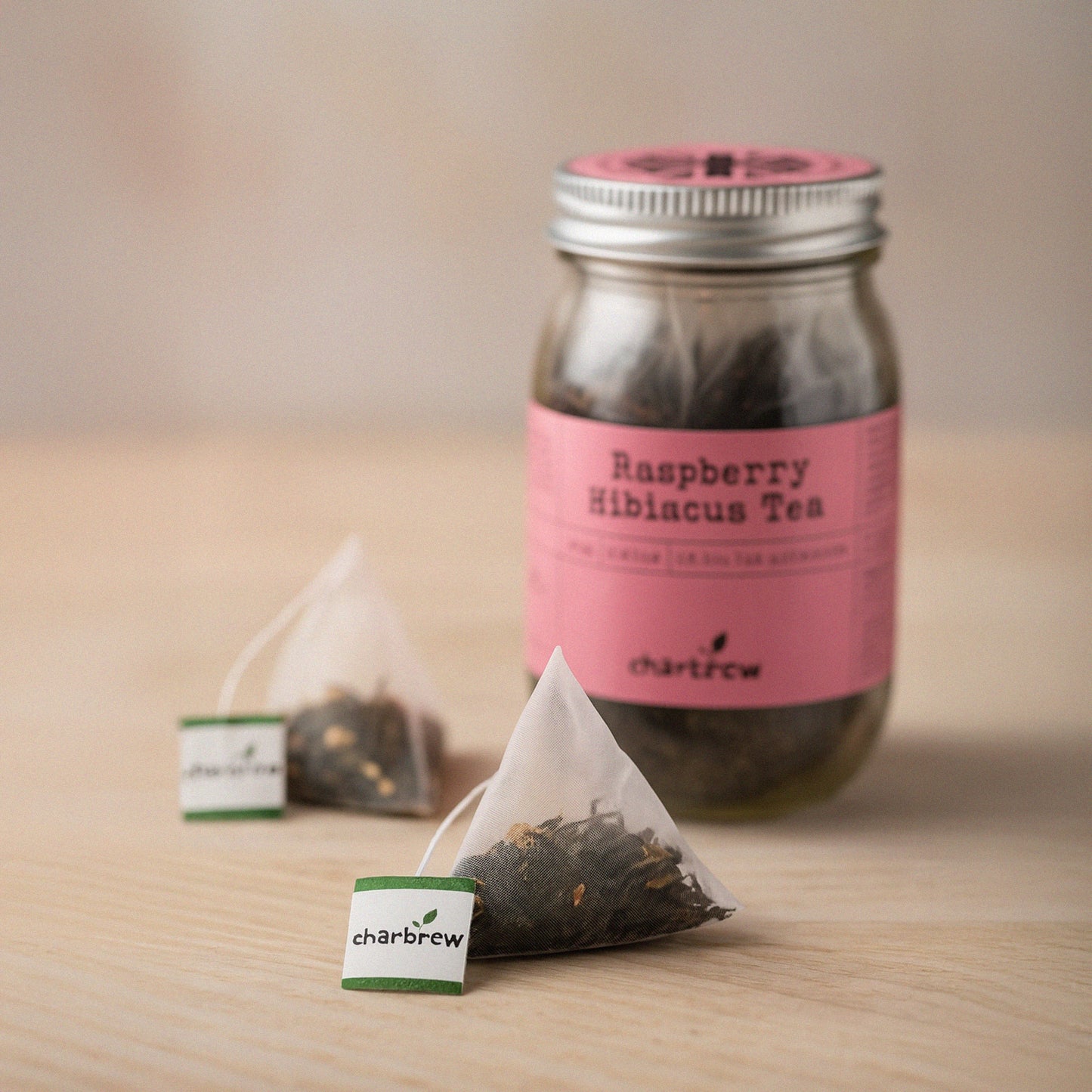 Raspberry Hibiscus Tea Bags Mason Jar - 16 Biodegradable Pyramid Bags