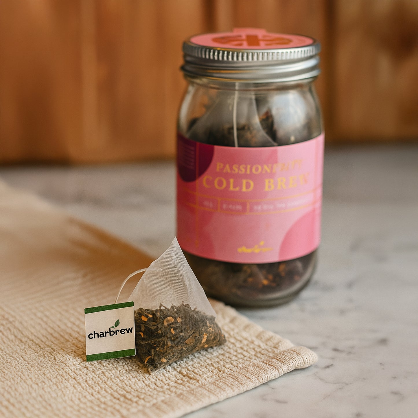 Passionfruit Cold Brew Tea Bags Mason Jar - 16 Biodegradable Pyramid Bags