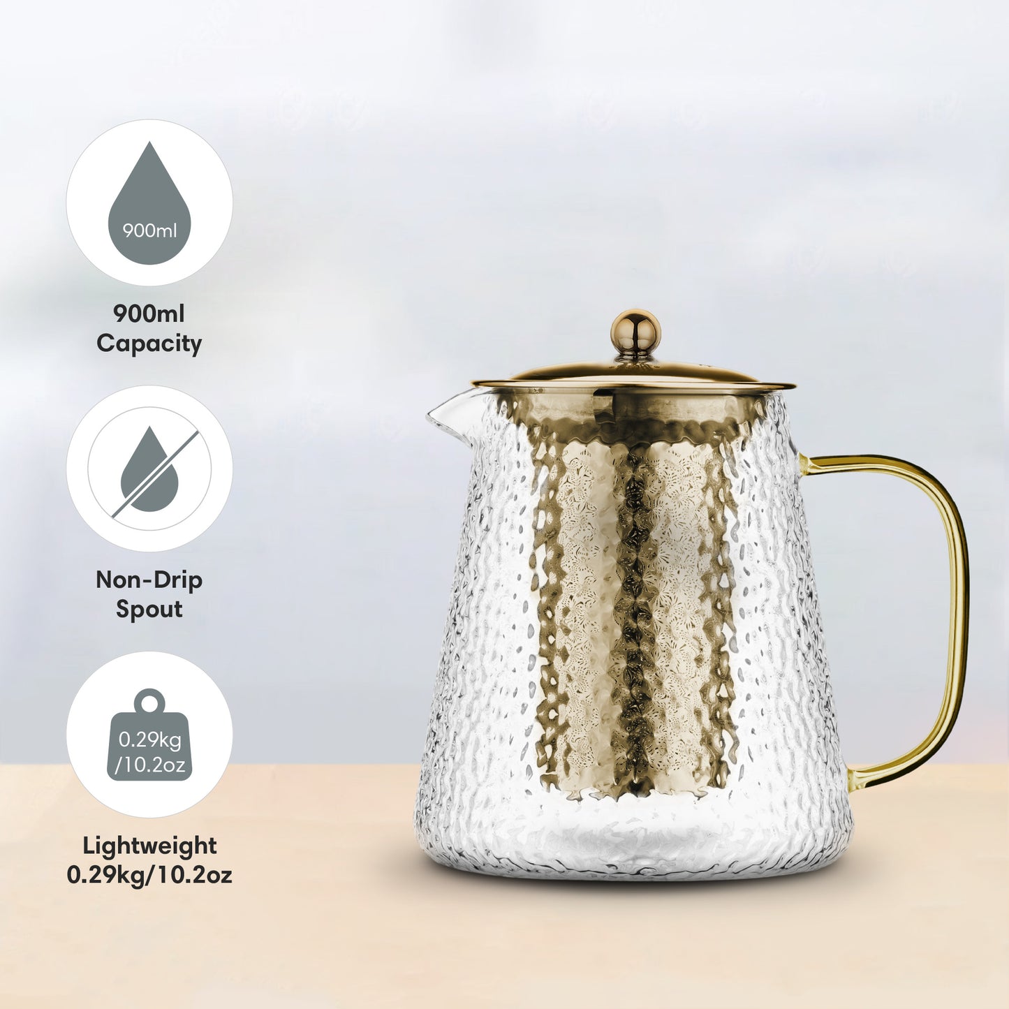 Gold Hammered Borosilicate Glass Teapot 900ml