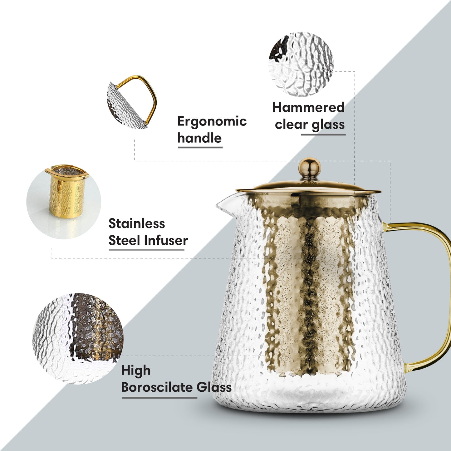 Gold Hammered Borosilicate Glass Teapot 900ml