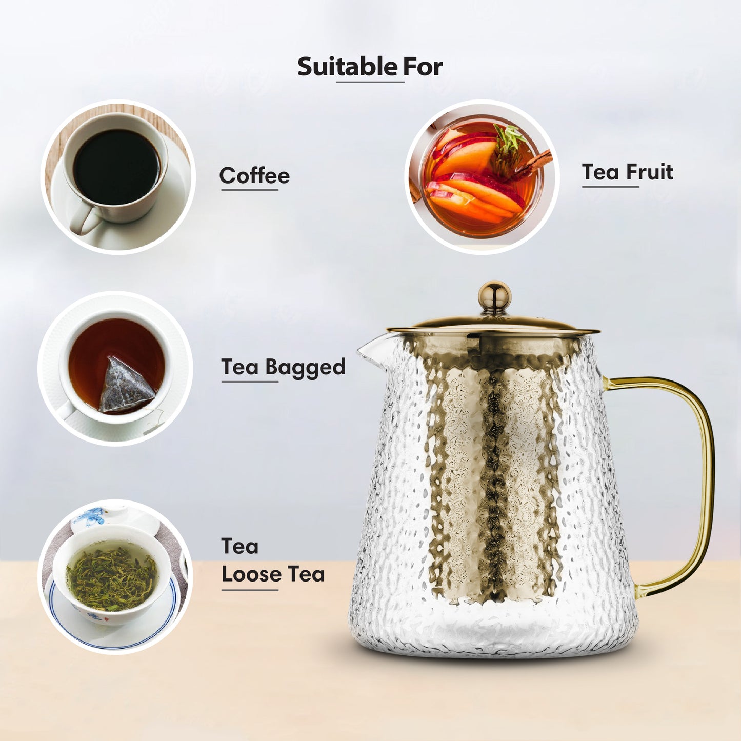 Gold Hammered Borosilicate Glass Teapot 900ml