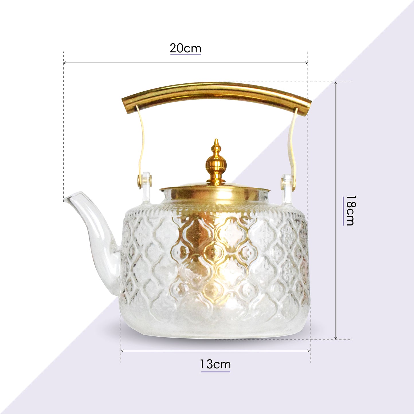Patterned Borosilicate Glass Teapot With Gold Lid & Handle 1000ml