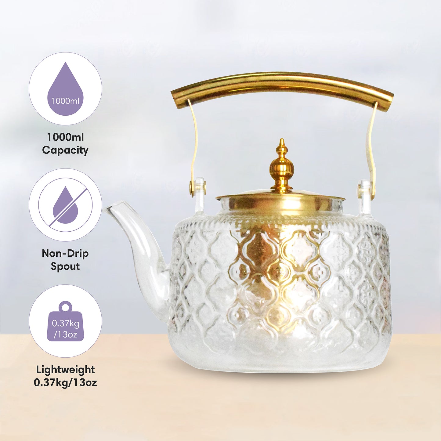 Patterned Borosilicate Glass Teapot With Gold Lid & Handle 1000ml