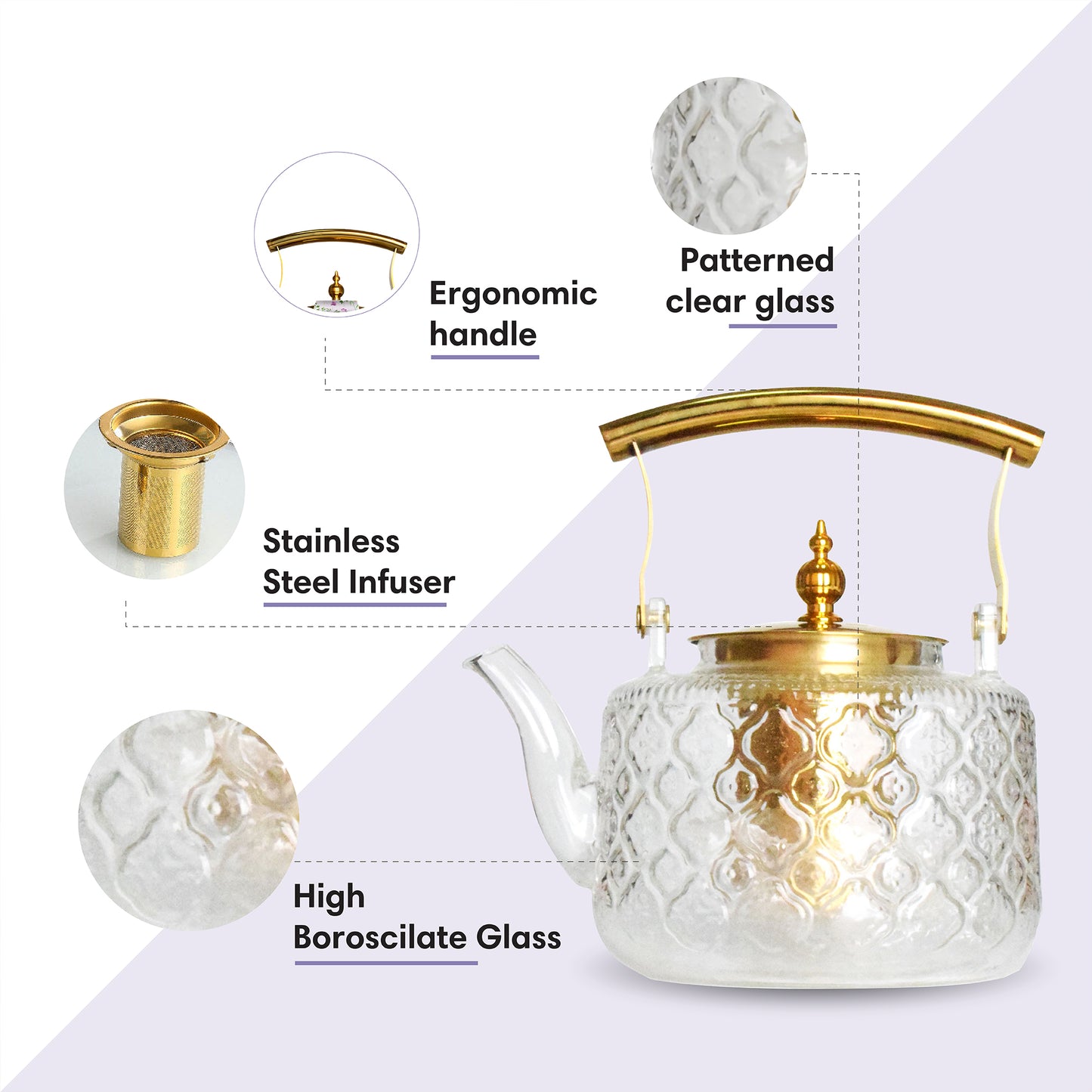 Patterned Borosilicate Glass Teapot With Gold Lid & Handle 1000ml