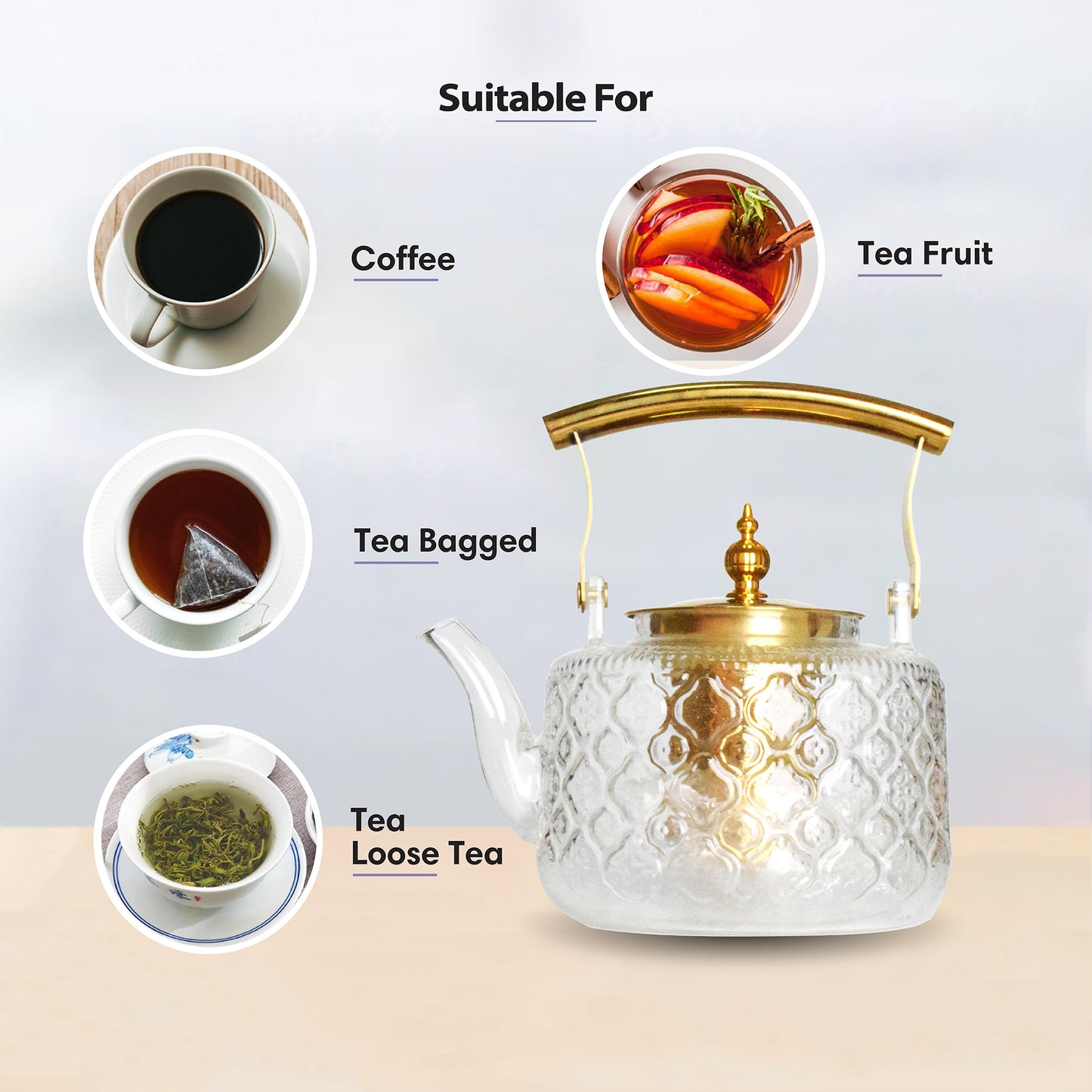 Patterned Borosilicate Glass Teapot With Gold Lid & Handle 1000ml