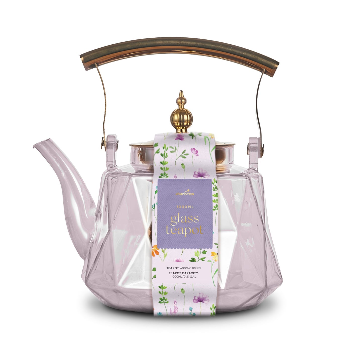 Patterned Borosilicate Pink Lustre Glass Teapot With Gold Lid & Handle 1000ml