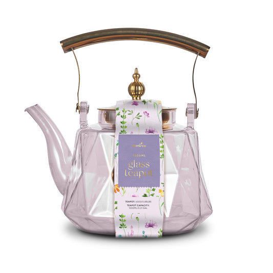 Patterned Borosilicate Pink Lustre Glass Teapot With Gold Lid & Handle 1000ml