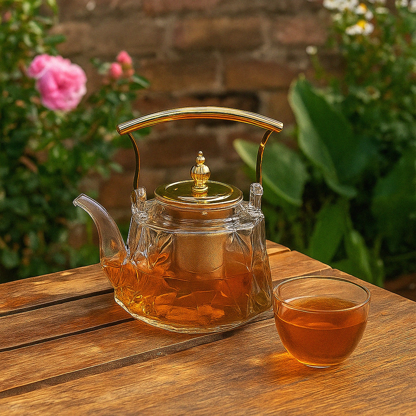 Patterned Borosilicate Clear Glass Teapot With Gold Lid & Handle 1000ml