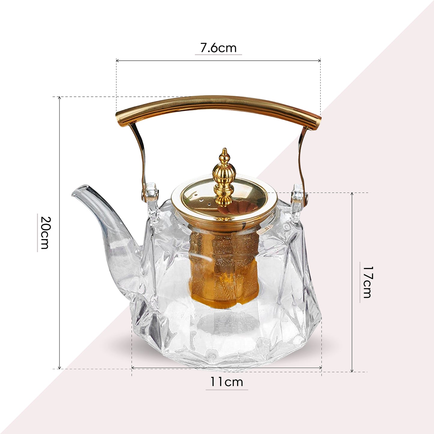 Patterned Borosilicate Clear Glass Teapot With Gold Lid & Handle 1000ml