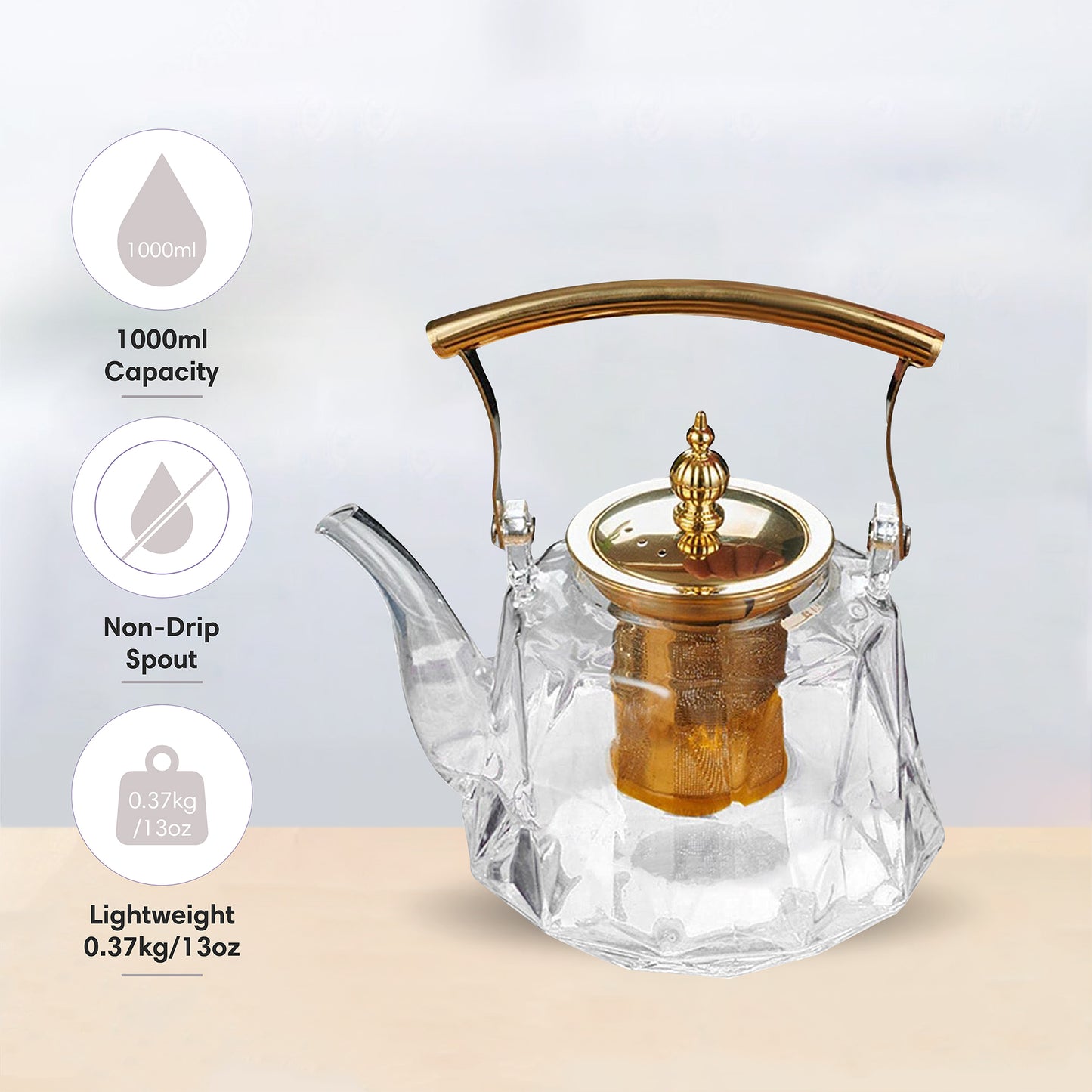Patterned Borosilicate Clear Glass Teapot With Gold Lid & Handle 1000ml