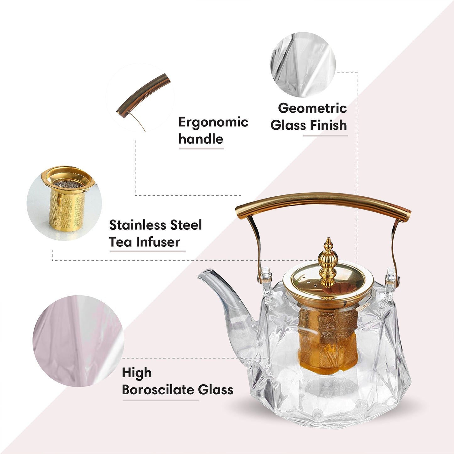 Patterned Borosilicate Clear Glass Teapot With Gold Lid & Handle 1000ml