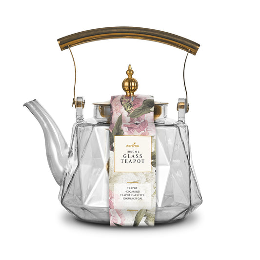 Patterned Borosilicate Clear Glass Teapot With Gold Lid & Handle 1000ml