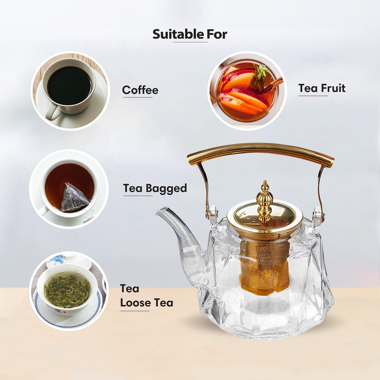 Patterned Borosilicate Clear Glass Teapot With Gold Lid & Handle 1000ml
