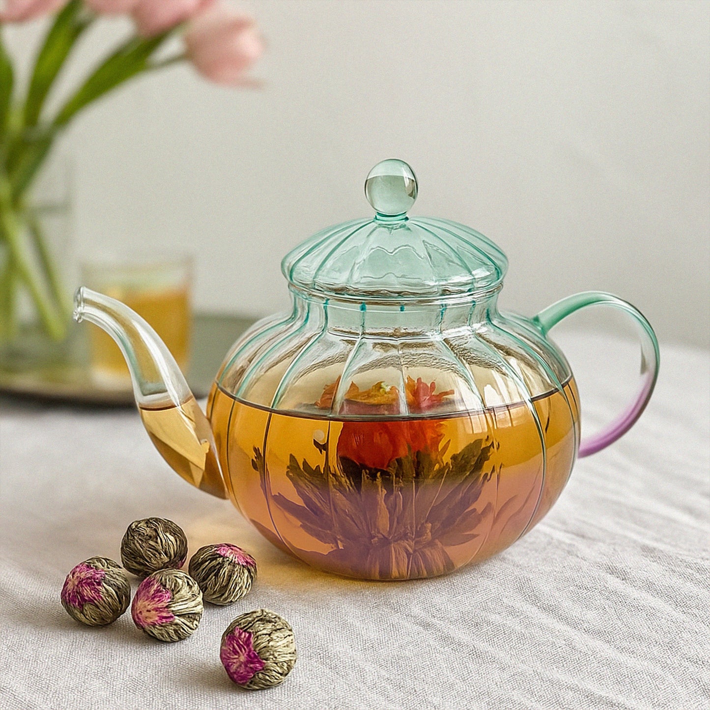 Ribbed Borosilicate Two Tone Green & Lilac Glass Teapot 1000ml