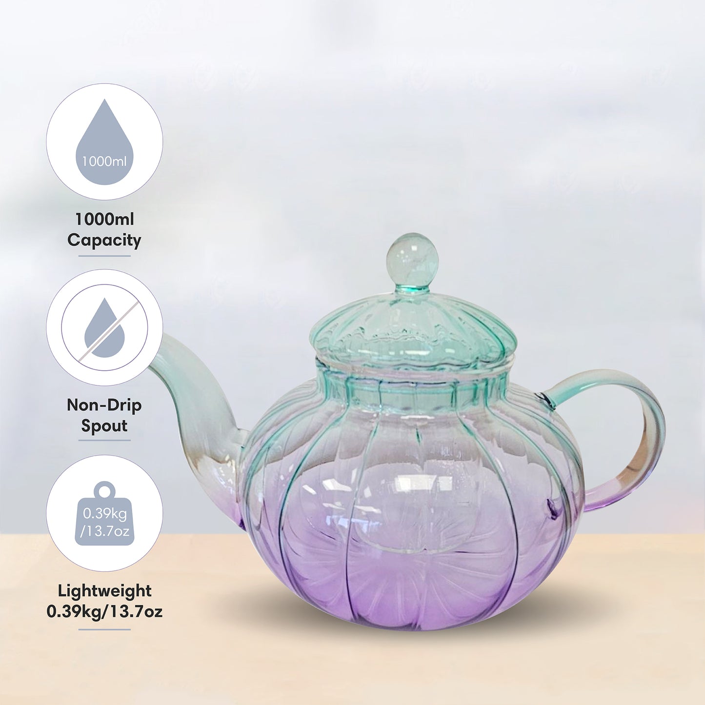 Ribbed Borosilicate Two Tone Green & Lilac Glass Teapot 1000ml