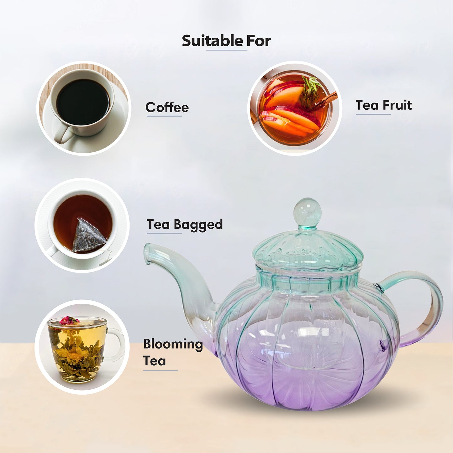 Ribbed Borosilicate Two Tone Green & Lilac Glass Teapot 1000ml