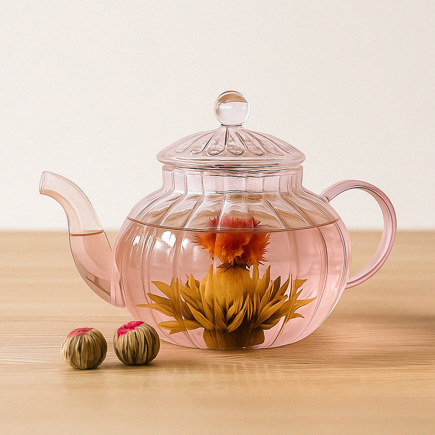Ribbed Borosilicate Pale Pink Glass Teapot 1000ml