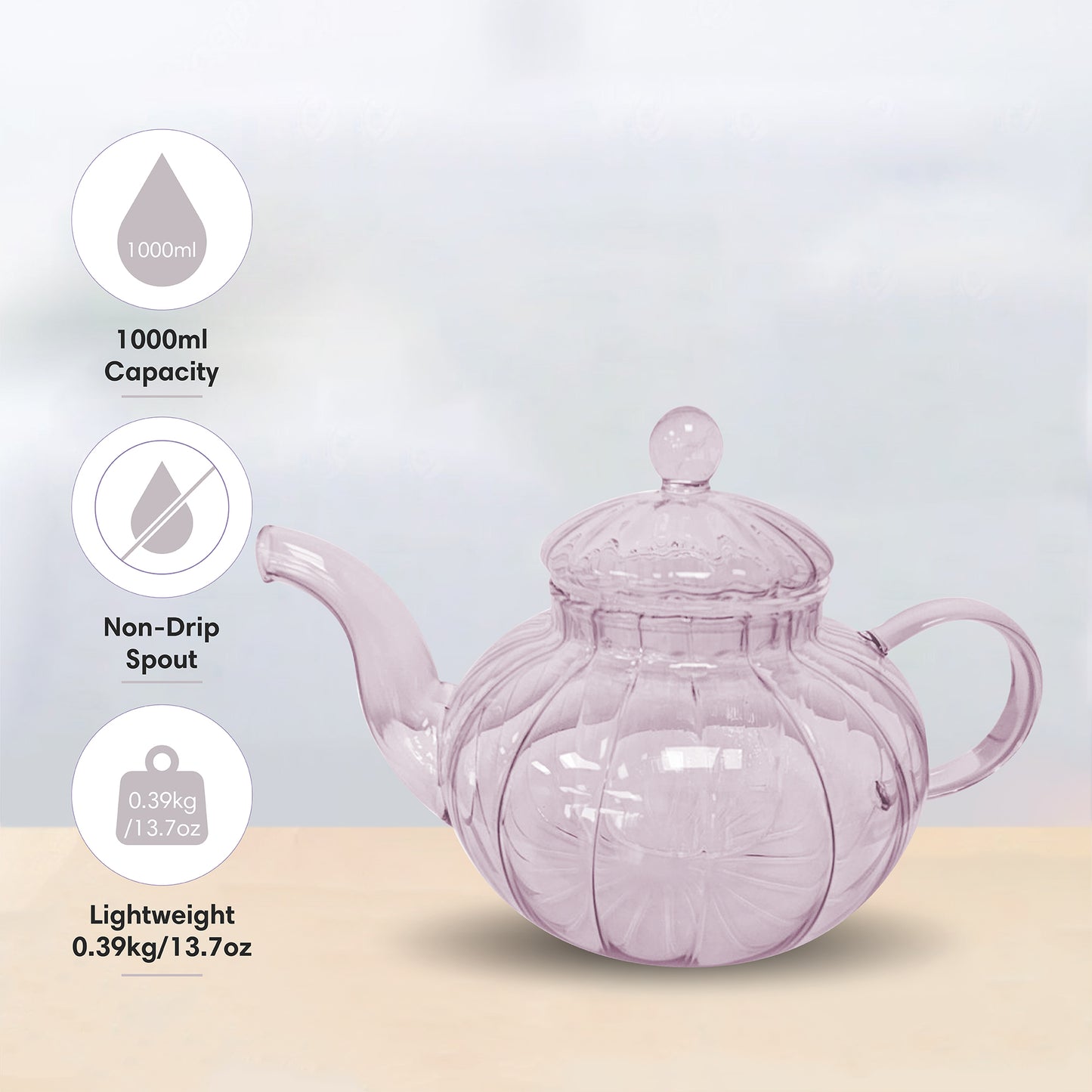 Ribbed Borosilicate Pale Pink Glass Teapot 1000ml