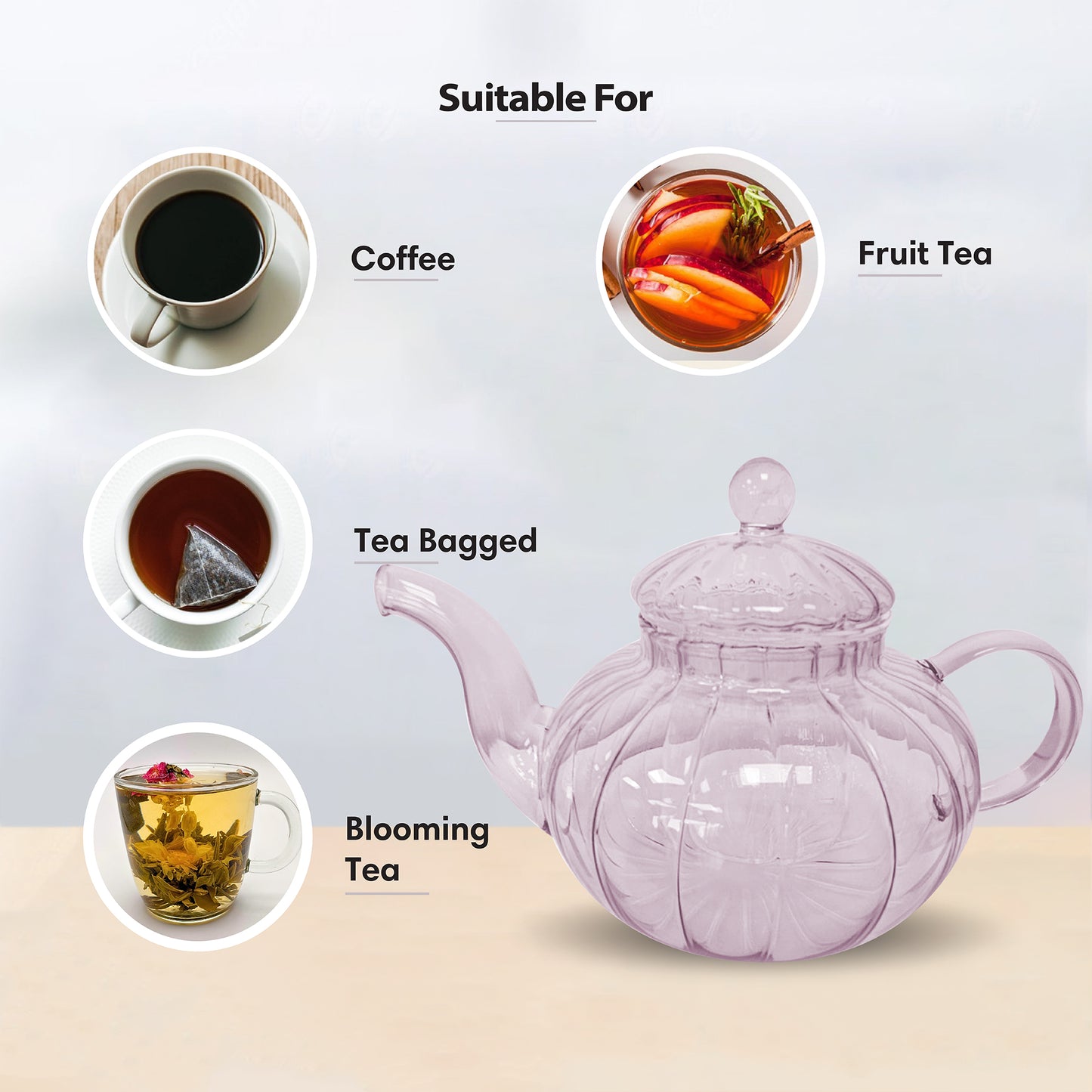 Ribbed Borosilicate Pale Pink Glass Teapot 1000ml
