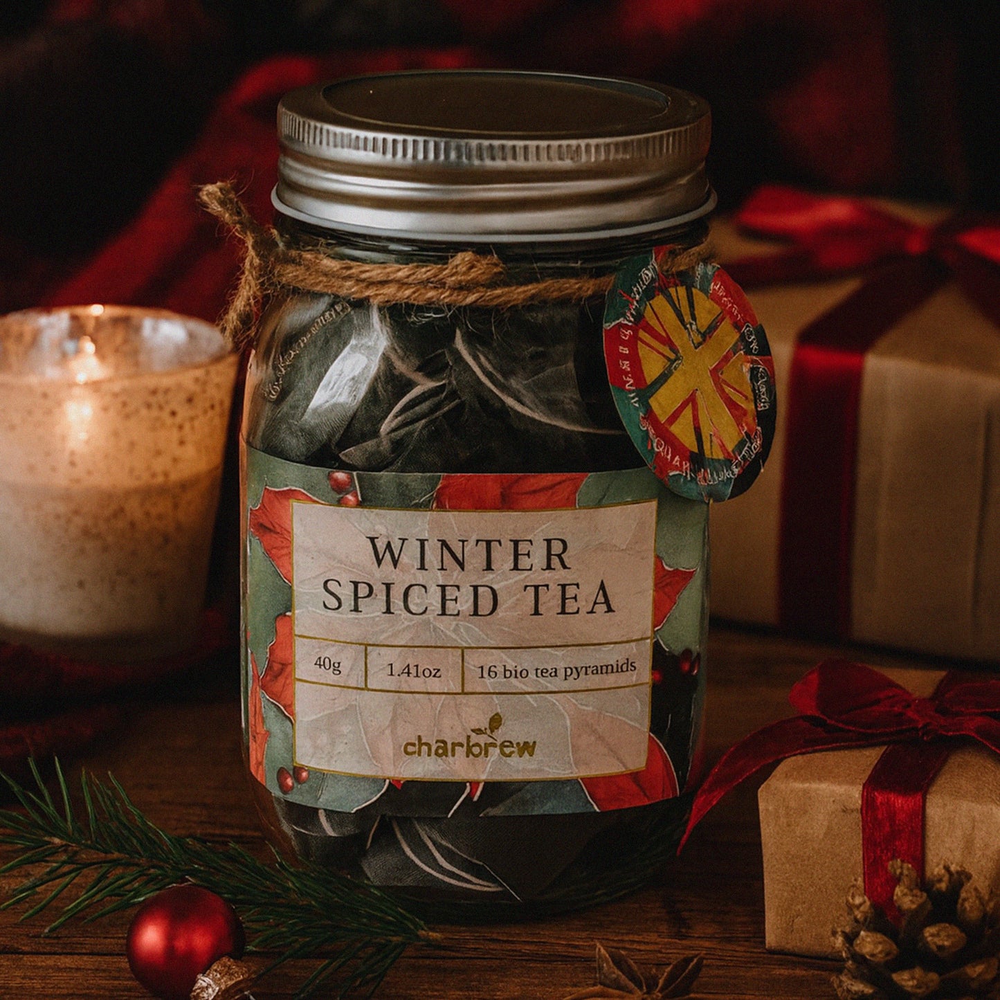 Christmas Floral Winter Spiced Mason Jar Tea - 16 Biodegradable Teabag Pyramids