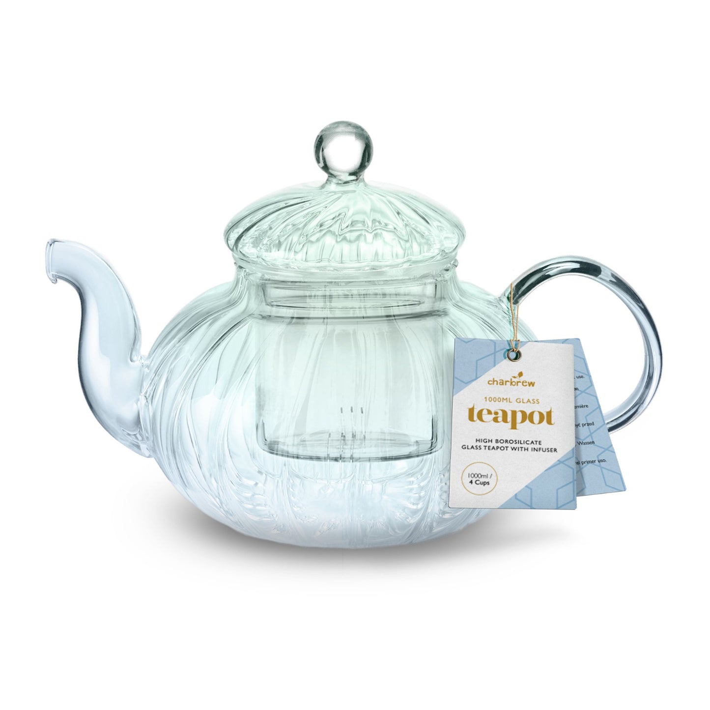 Ribbed Borosilicate Two Tone Green & Blue Glass Teapot 1000ml