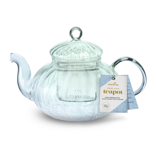 Ribbed Borosilicate Two Tone Green & Blue Glass Teapot 1000ml