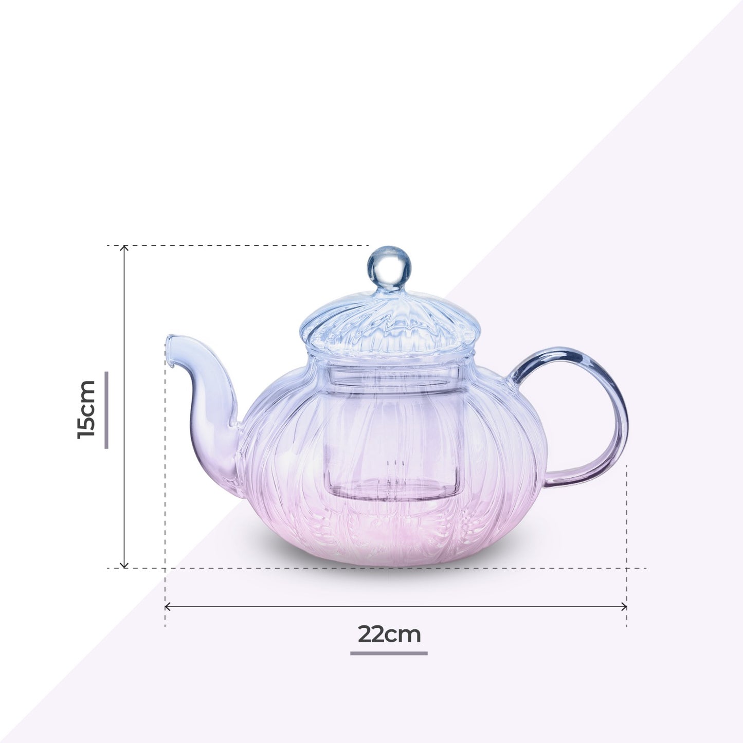 Ribbed Borosilicate Two Tone Blue & Pink Glass Teapot 1000ml