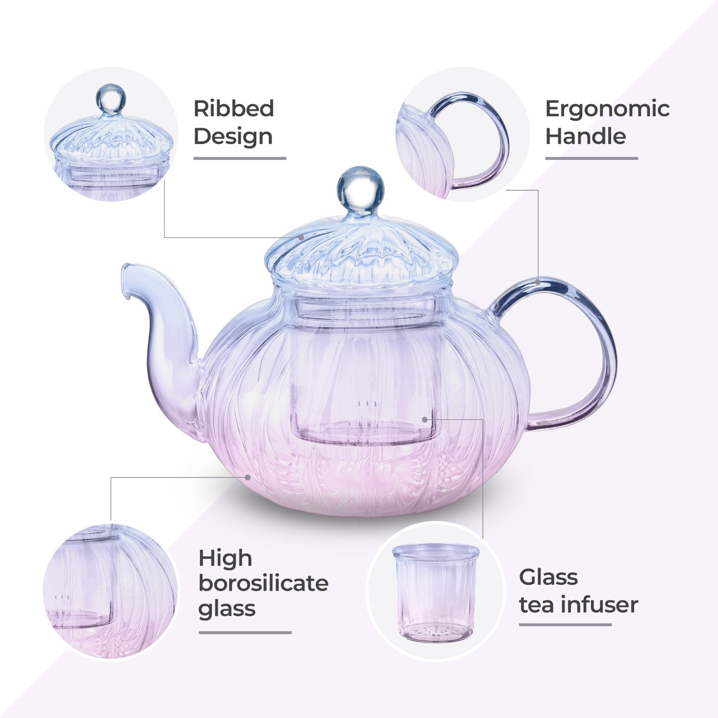 Ribbed Borosilicate Two Tone Blue & Pink Glass Teapot 1000ml