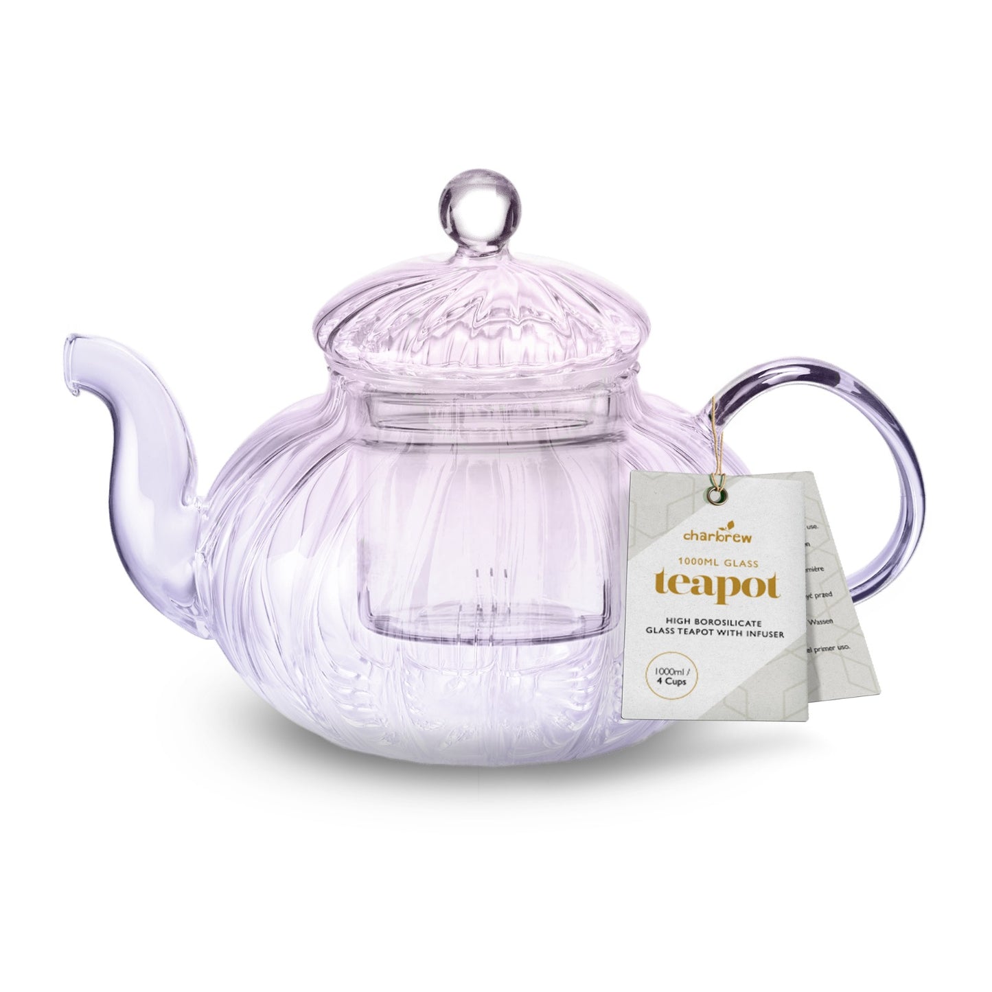 Ribbed Borosilicate Two Tone Blue & Pink Glass Teapot 1000ml