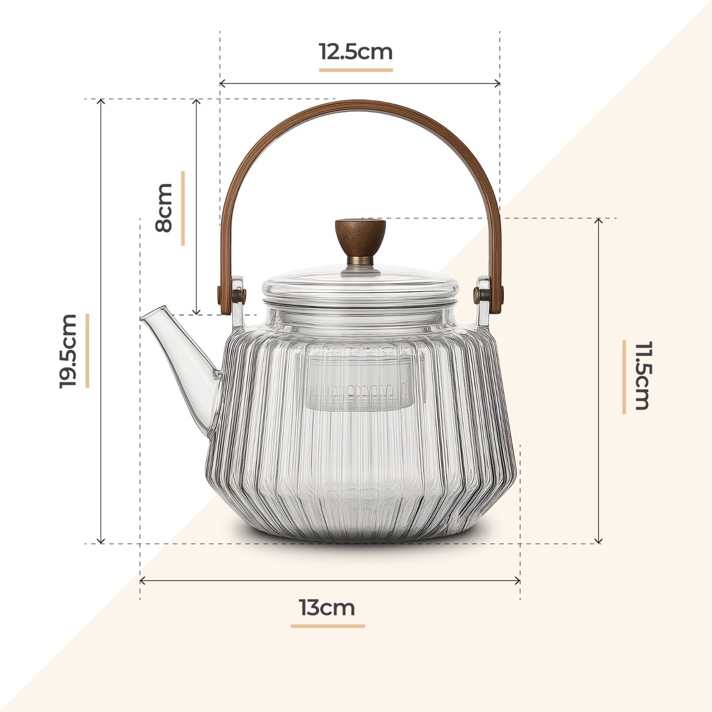 Striped Borosilicate Glass Teapot With Wooden Handle 900ml