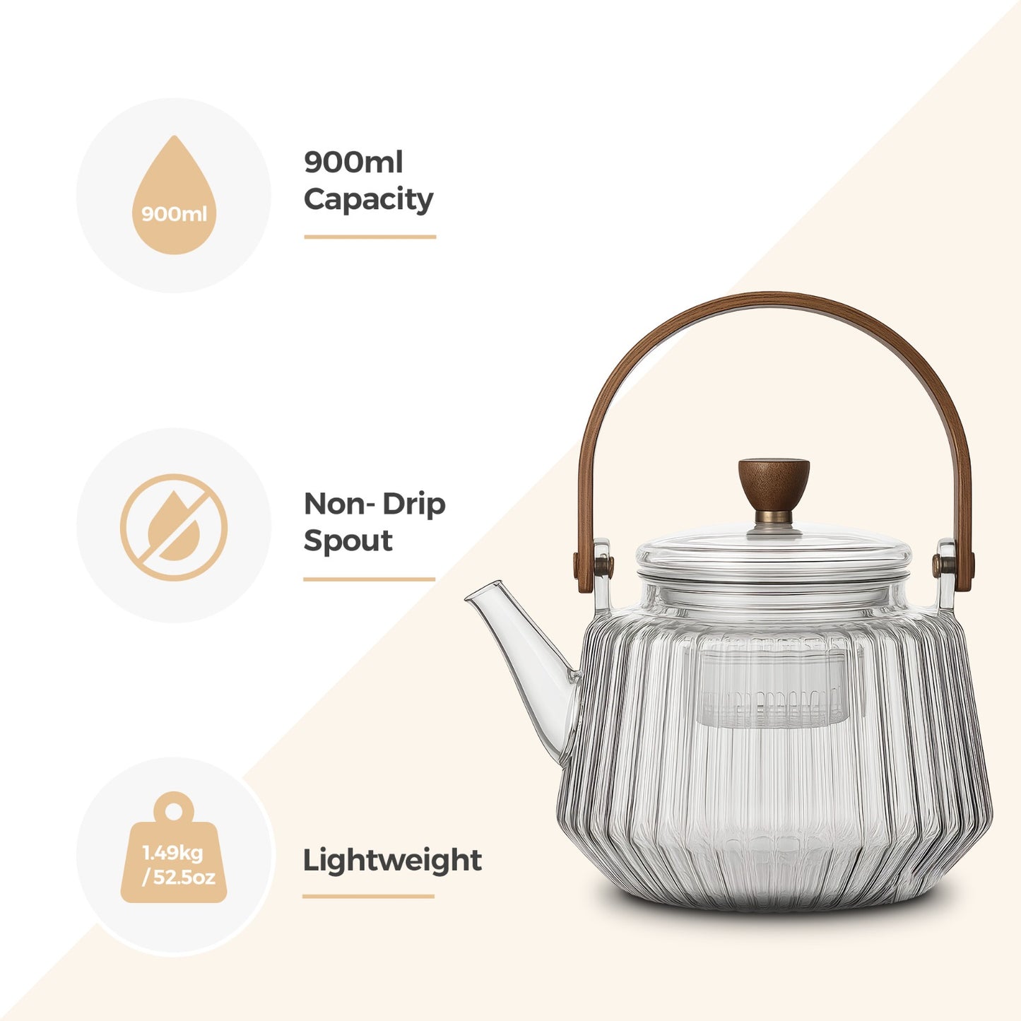 Striped Borosilicate Glass Teapot With Wooden Handle 900ml