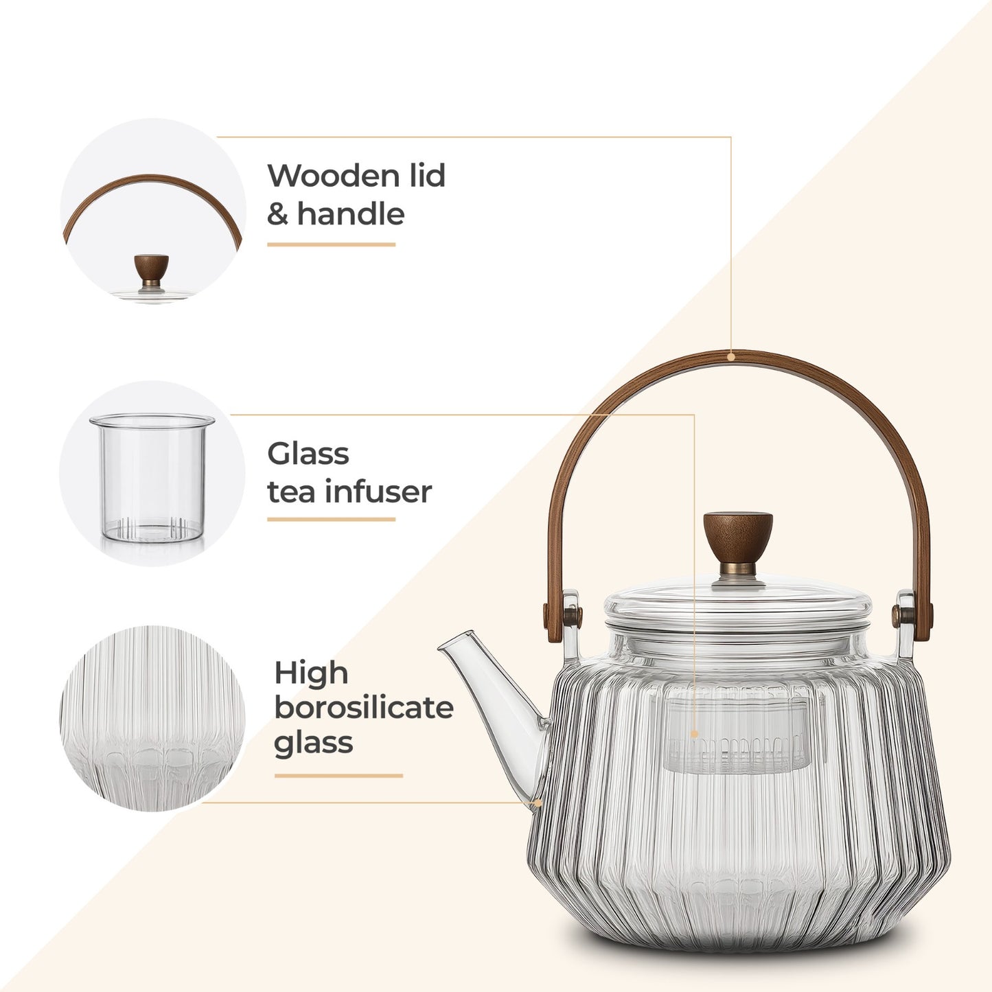 Striped Borosilicate Glass Teapot With Wooden Handle 900ml