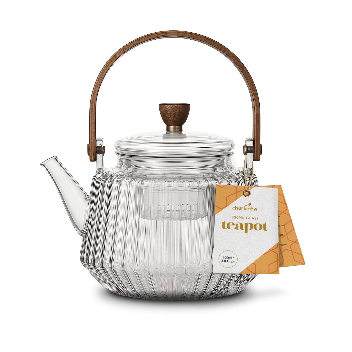 Striped Borosilicate Glass Teapot With Wooden Handle 900ml