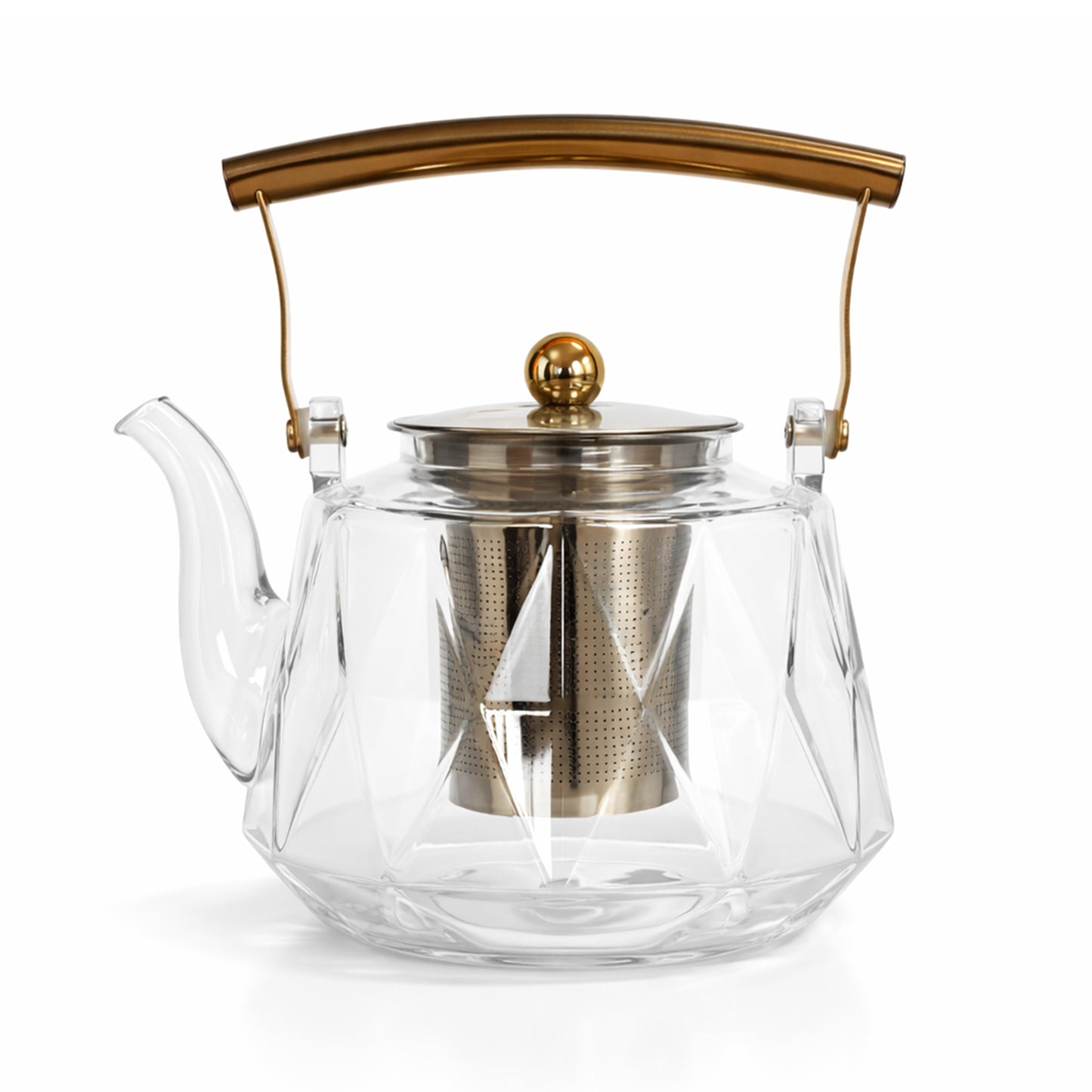 Patterned Borosilicate Clear Glass Teapot With Gold Ball Lid & Handle 1000ml