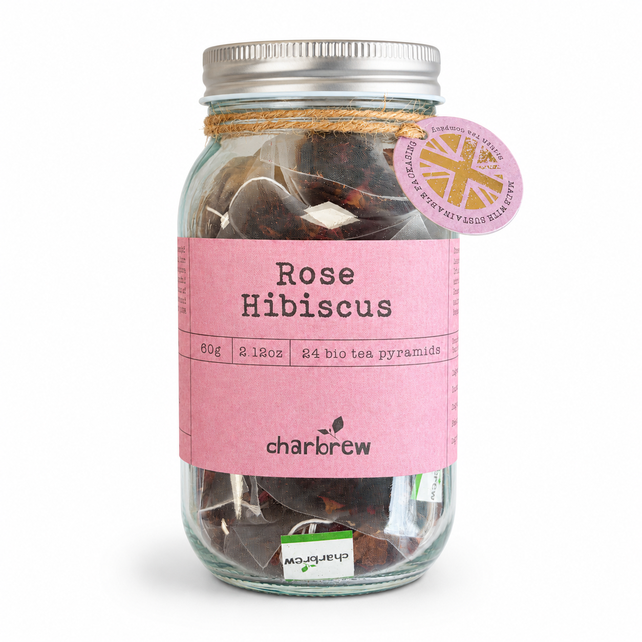 Rose Hibiscus Tea Bags Mason Jar - 24 Biodegradable Pyramid Bags