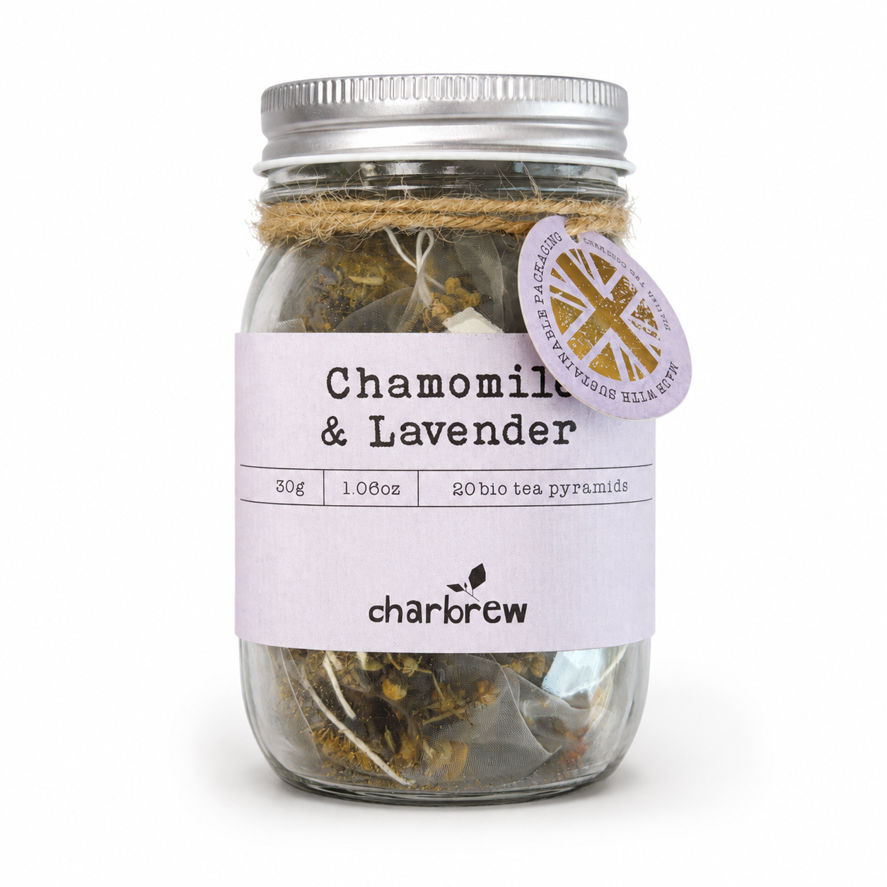 Chamomile & Lavender Tea Bags Mason Jar - 20 Biodegradable Pyramid Bags