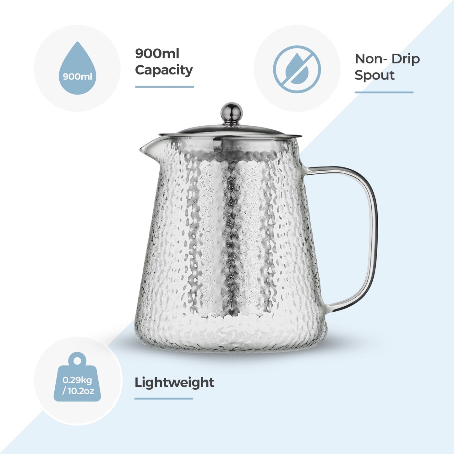 Silver Hammered Borosilicate Glass Teapot 900ml