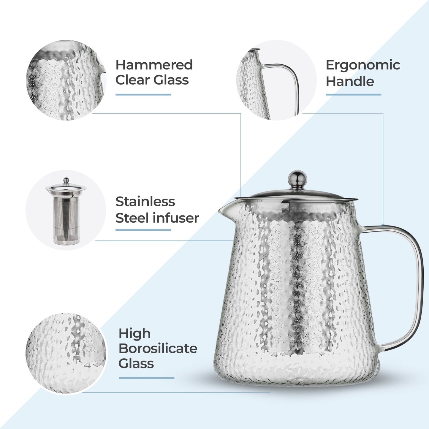 Silver Hammered Borosilicate Glass Teapot 900ml