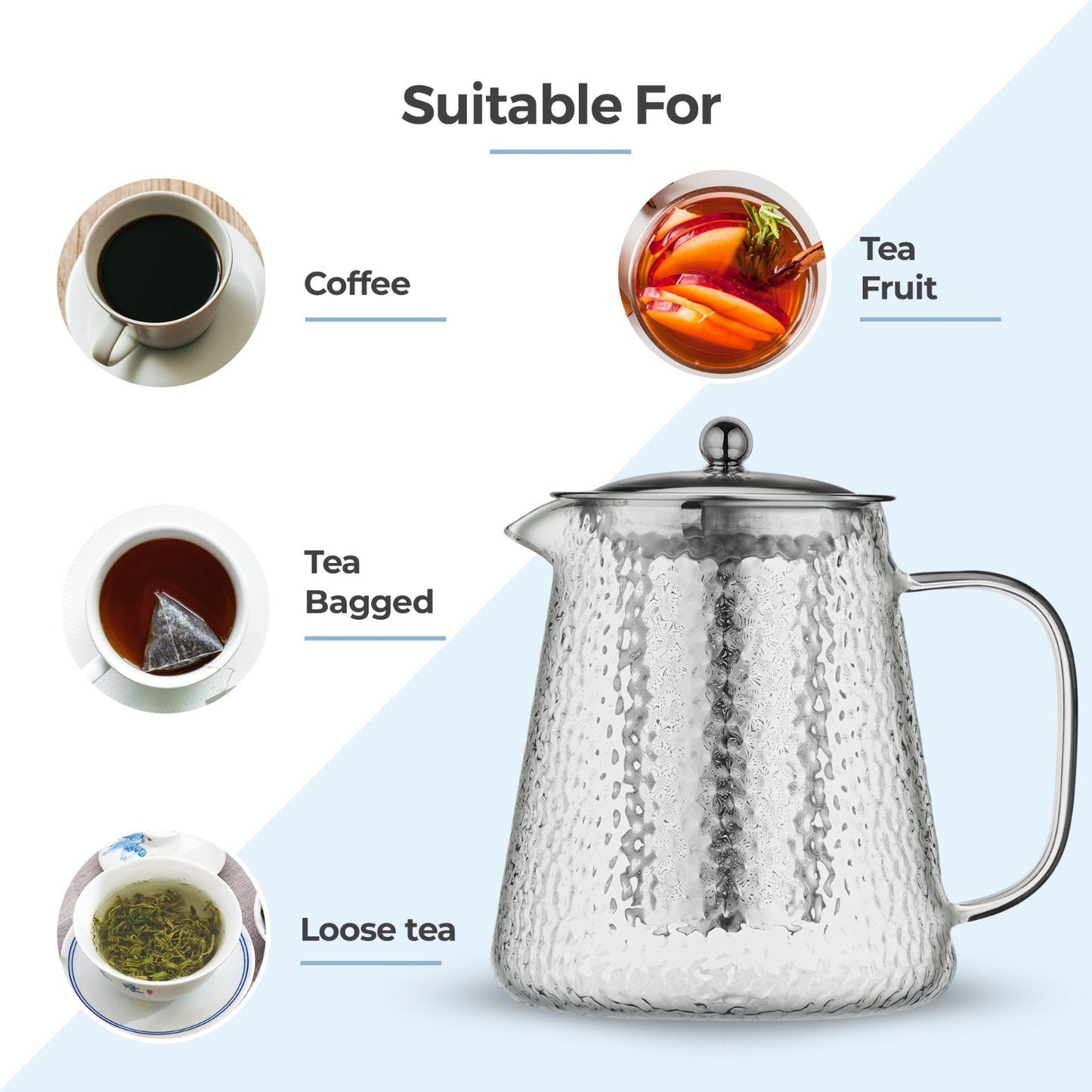 Silver Hammered Borosilicate Glass Teapot 900ml