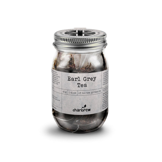 Charbrew carefully crafted earl grey tea in re-usable mason jar