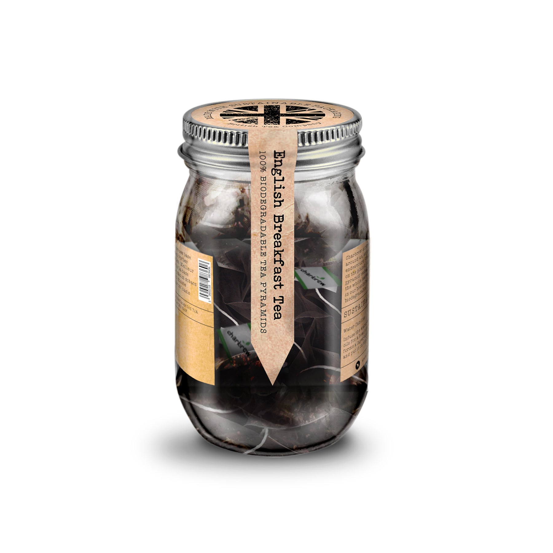 Charbrew carefully crafted English breakfast tea in re-usable mason jar