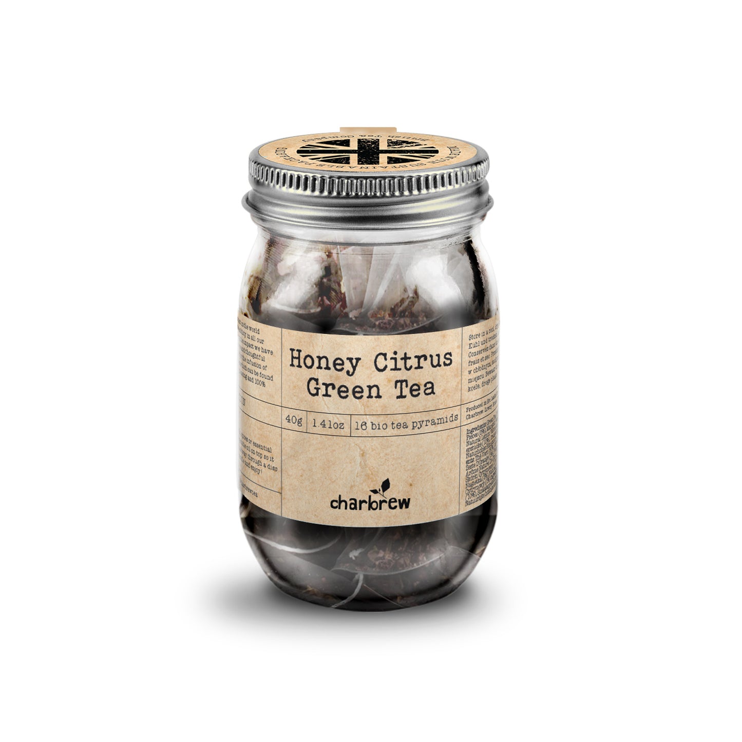 Charbrew carefully crafted honey citrus green tea in re-usable mason jar