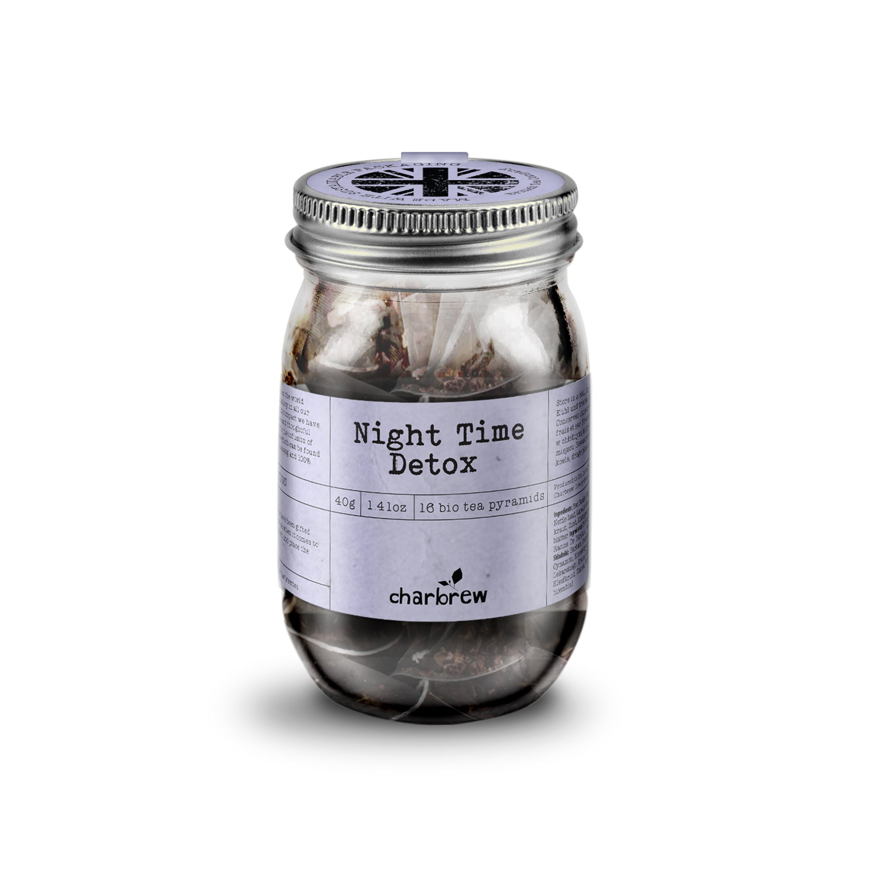 Charbrew carefully crafted night time tea in re-usable mason jar