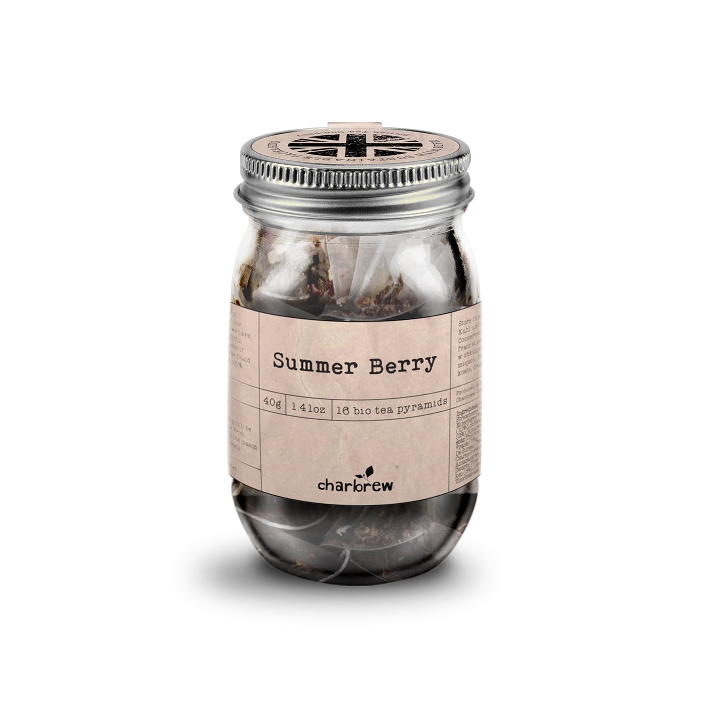 Charbrew carefully crafted summer berry tea in re-usable mason jar