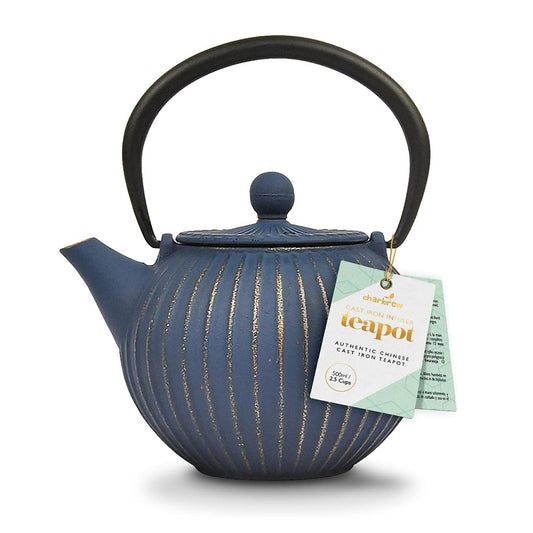 Traditional cast iron blue and gold teapot